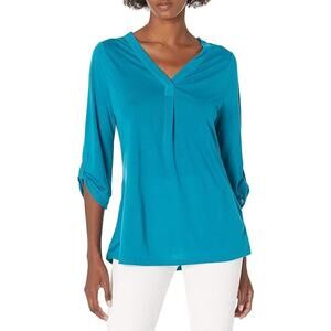 Pleione 3/4 Roll Tab Teal Tunic V-Neck Size MP Anthropologie